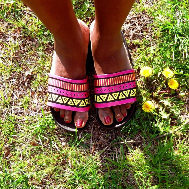 Yellow/Pink Hawaiian Print Slide Sandals