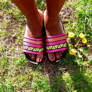 Yellow/Pink Hawaiian Print Slide Sandals