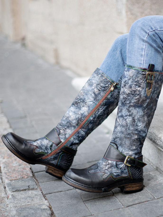 Soffia | Wrinkled Iliyah Accent Leather Knee High Riding Boot