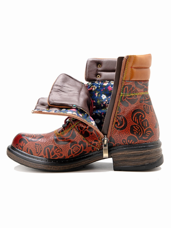 Soffia | Rose Leaf Printed Lace Up Leather Combat Boot