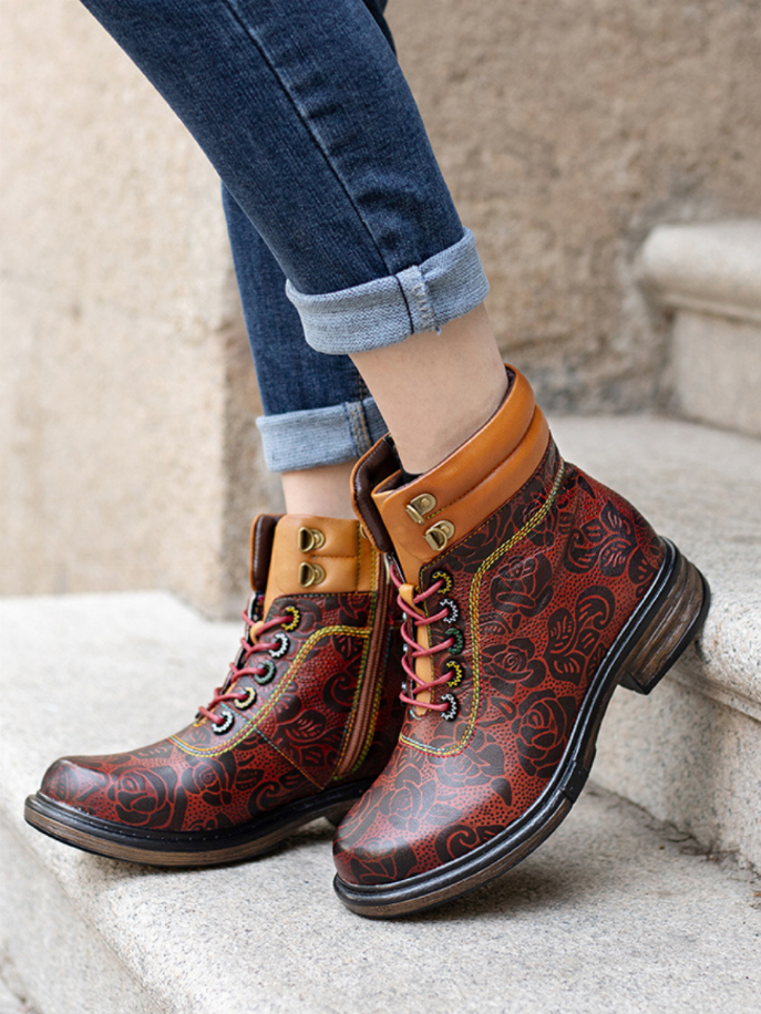 Soffia | Rose Leaf Printed Lace Up Leather Combat Boot