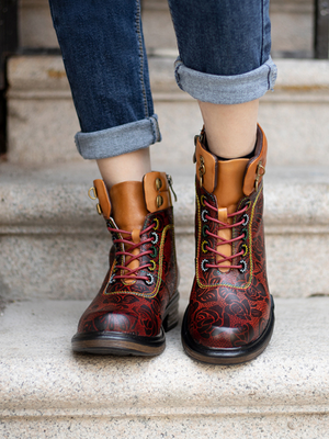 Soffia | Rose Leaf Printed Lace Up Leather Combat Boot