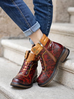 Soffia | Rose Leaf Printed Lace Up Leather Combat Boot