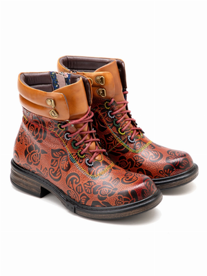 Soffia | Rose Leaf Printed Lace Up Leather Combat Boot