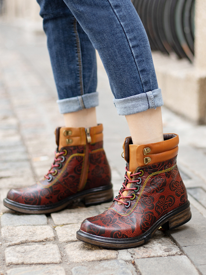 Soffia | Rose Leaf Printed Lace Up Leather Combat Boot