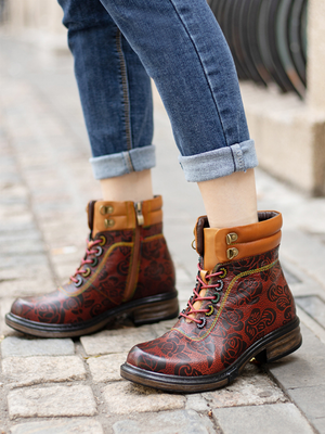 Soffia | Rose Leaf Printed Lace Up Leather Combat Boot