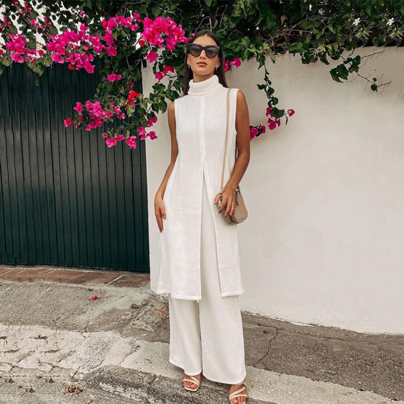 White Turtleneck  Sleeveless Long Top