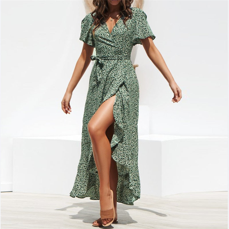 HiloRill Summer Beach Maxi Dress Women Floral Print Boho Long Dress Ruffles Wrap Casual V-Neck Split Sexy Party Dress Robe Femme