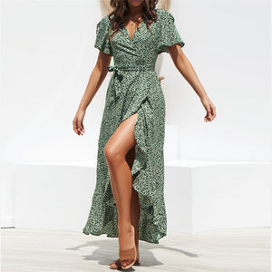 HiloRill Summer Beach Maxi Dress Women Floral Print Boho Long Dress Ruffles Wrap Casual V-Neck Split Sexy Party Dress Robe Femme