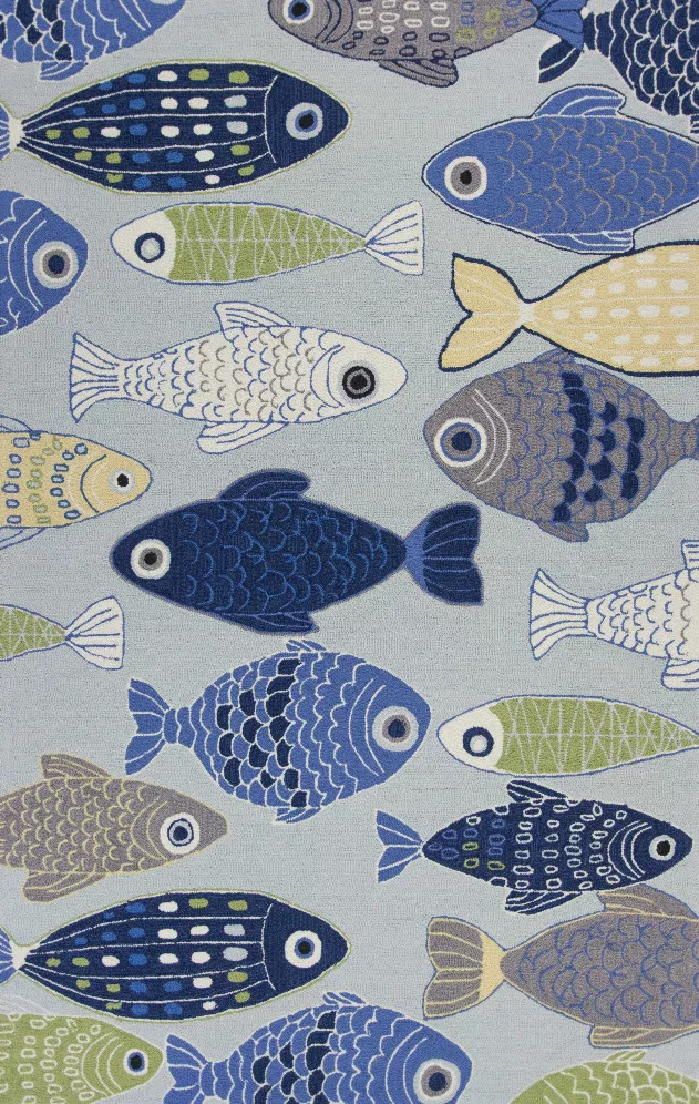 2'x3' Blue Hand Hooked Coastal Fish Indoor Accent Rug