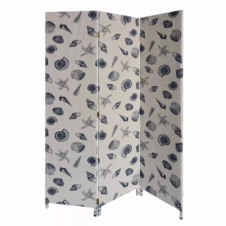 3 Panel Beige and Blue Soft Fabric Finish Room Divider