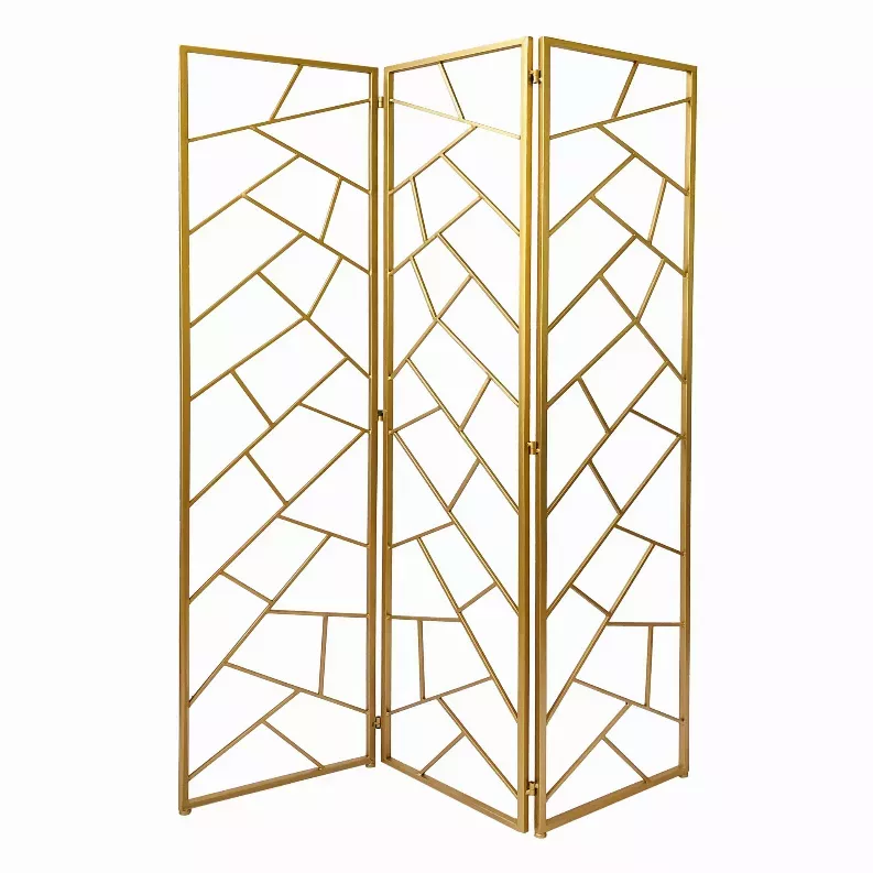 3 Panel Gold Room Divider with Geometric Motif