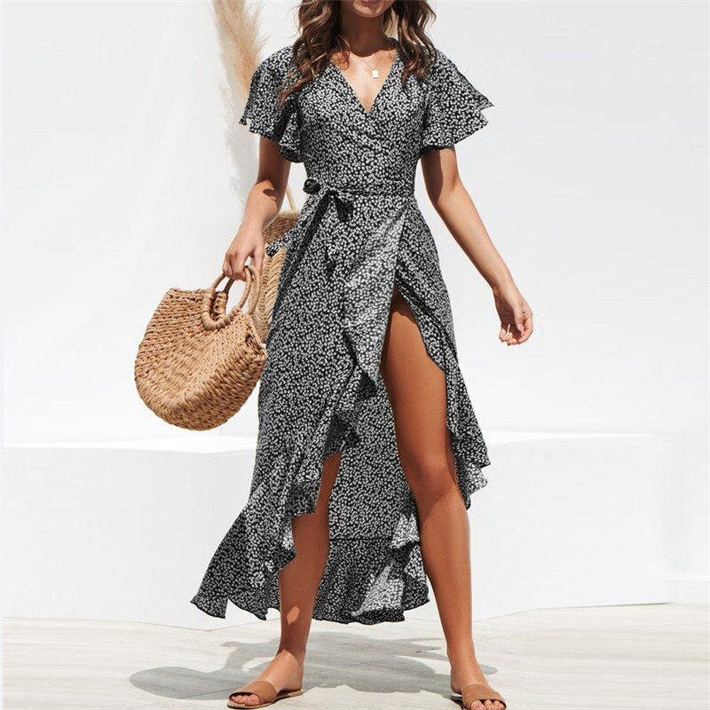 HiloRill Summer Beach Maxi Dress Women Floral Print Boho Long Dress Ruffles Wrap Casual V-Neck Split Sexy Party Dress Robe Femme