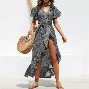 HiloRill Summer Beach Maxi Dress Women Floral Print Boho Long Dress Ruffles Wrap Casual V-Neck Split Sexy Party Dress Robe Femme