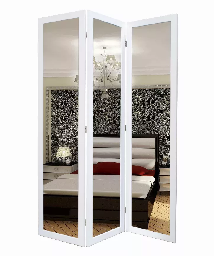 1" x 50" x 69" White Glass & Wood Mirror  Screen