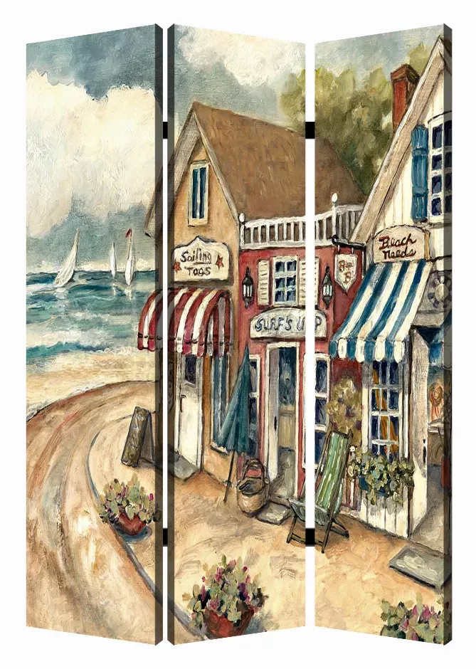 1" x 48" x 72" Multi Color Wood Canvas Seaside Town Slate  Screen