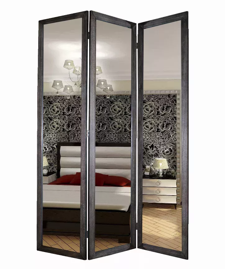 1" x 50" x 69" Black Glass & Wood Mirror  Screen
