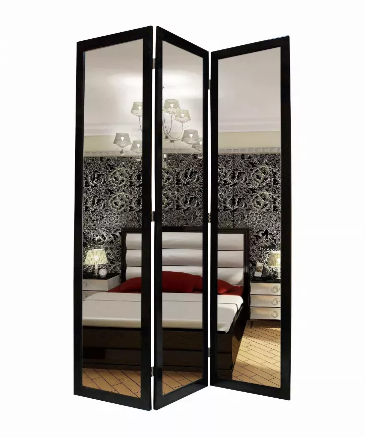 1" x 50" x 69" Black Glass & Wood Mirror  Screen