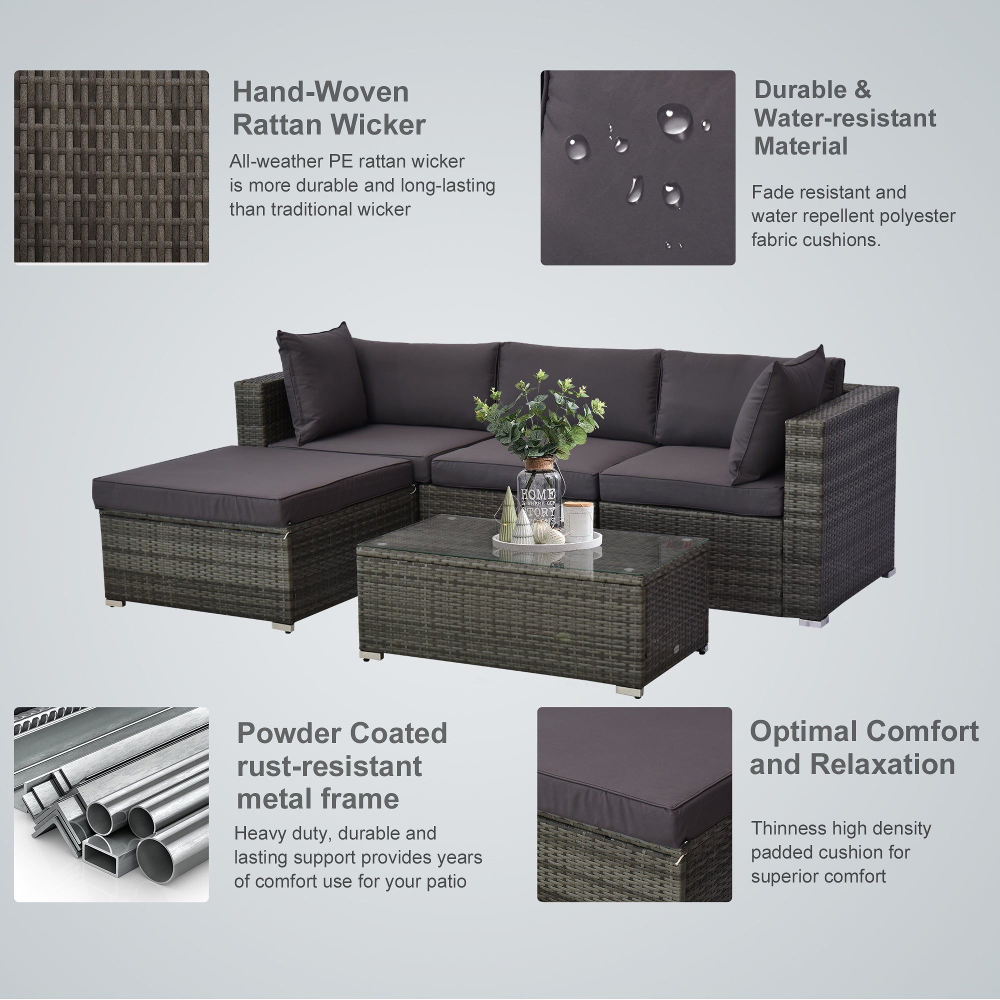 Luxury All Hand Woven Wicker 5PCs Outdoor Patio Cushioned Furniture