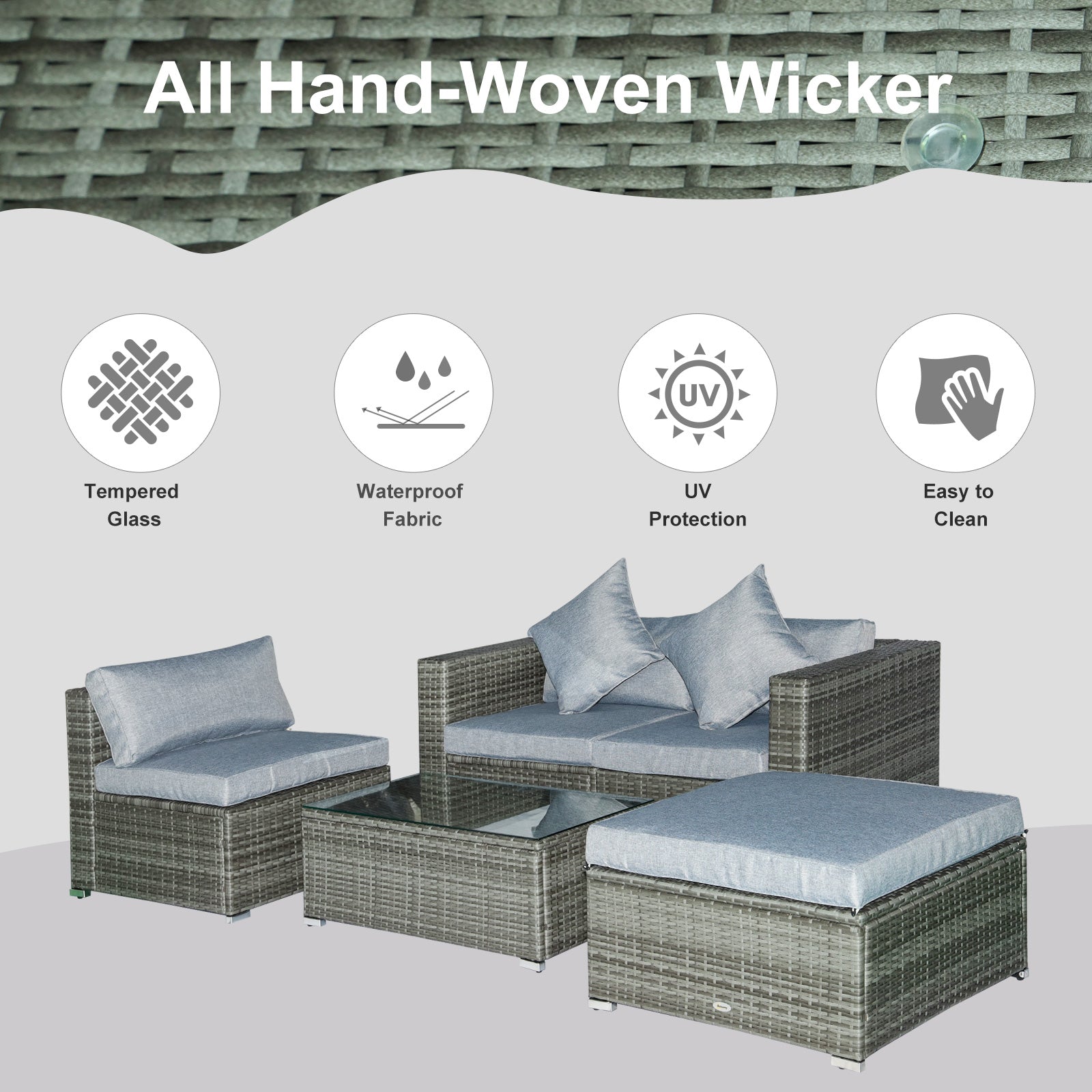 Luxury All Hand Woven Wicker 5PCs Outdoor Patio Cushioned Furniture