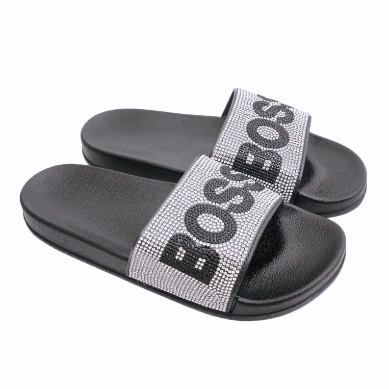Size 10 Silver Boss Black Slipper Slides