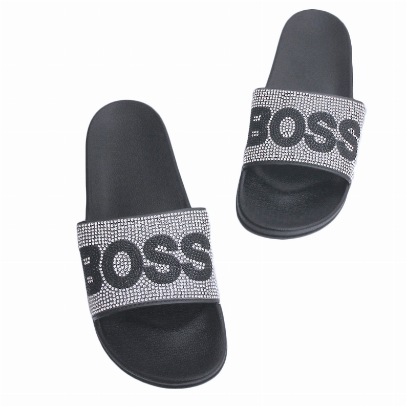 Size 10 Silver Boss Black Slipper Slides