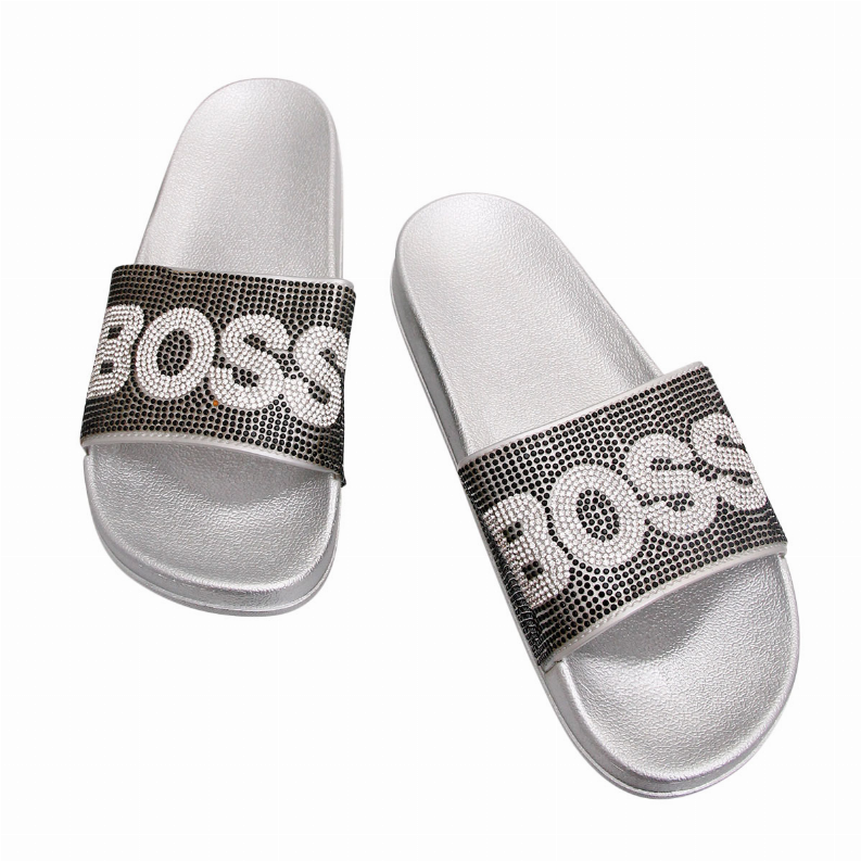 Size 10 Black Boss Silver Slipper Slides