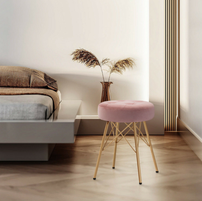 Velvet Vanity Makeup Stools Tufted with Gold Frame Legs Round Ottoman