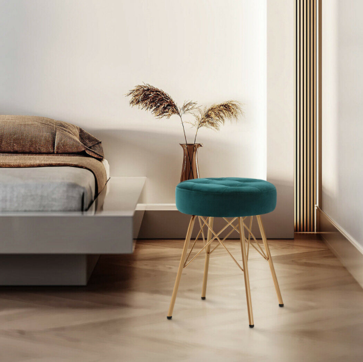 Velvet Vanity Makeup Stools Tufted with Gold Frame Legs Round Ottoman
