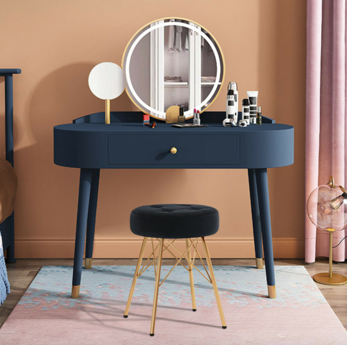 Velvet Vanity Makeup Stools Tufted with Gold Frame Legs Round Ottoman