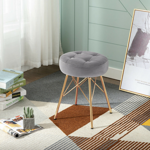 Velvet Vanity Makeup Stools Tufted with Gold Frame Legs Round Ottoman