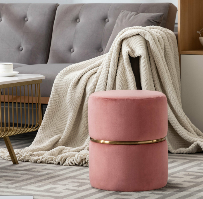 Modern Round Ottoman Footstools Velvet with Gold Circle Pink Five Colors