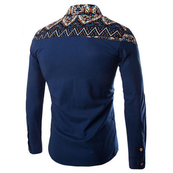 Art Culture Printing Pattern Linen Casual Turn-Down Collar Slim Men Shirt