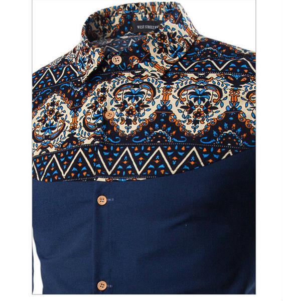 Art Culture Printing Pattern Linen Casual Turn-Down Collar Slim Men Shirt