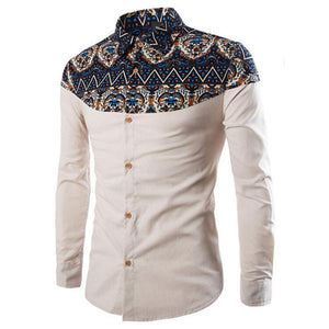 Art Culture Printing Pattern Linen Casual Turn-Down Collar Slim Men Shirt