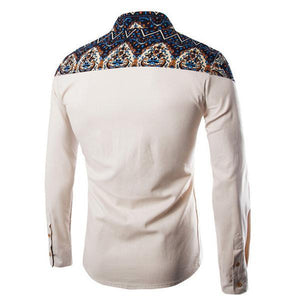 Art Culture Printing Pattern Linen Casual Turn-Down Collar Slim Men Shirt