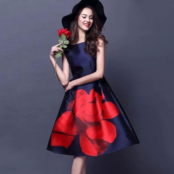 Big Bottom Rose Print A Line Women Sleeveless Dress