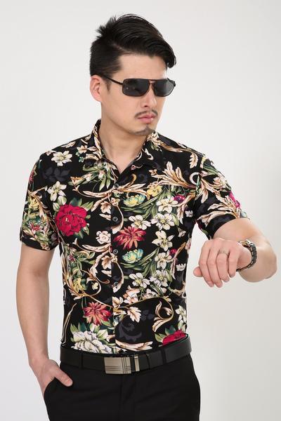 Big Print Flower Casual Men Short Sleeve Shirt