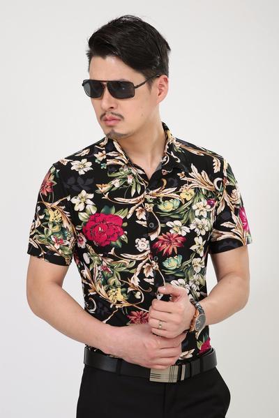 Big Print Flower Casual Men Short Sleeve Shirt