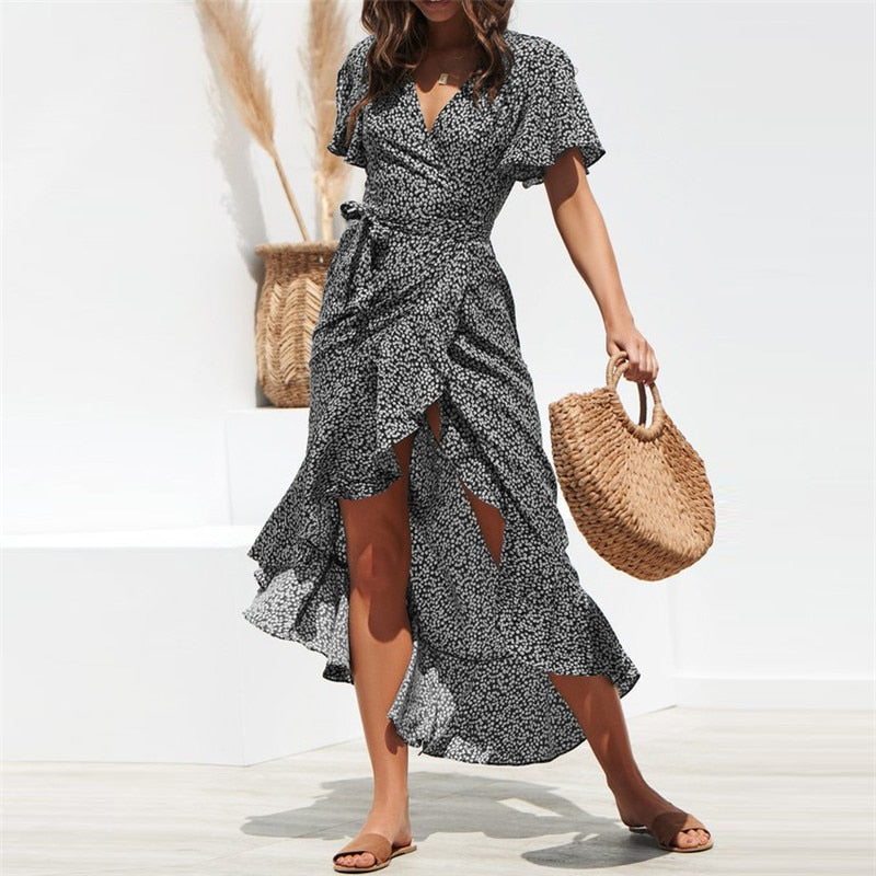 HiloRill Summer Beach Maxi Dress Women Floral Print Boho Long Dress Ruffles Wrap Casual V-Neck Split Sexy Party Dress Robe Femme
