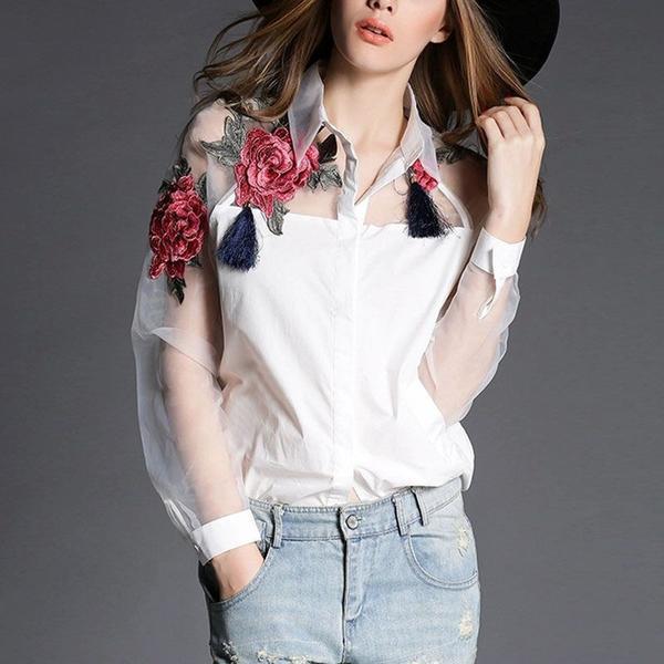 Elegant Women Organza Sleeve Blouse With Flower Embroidery