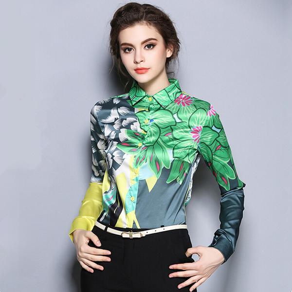 Elegant Women Print Floral And Leaves Chiffon Blouses Shirt