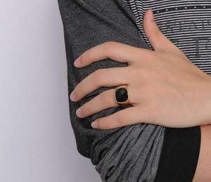 Gold-Color Stainless Steel Men Black Onyx Ring