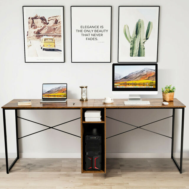 2 Person Computer Tower Desk Double Chair Slot Workstation Office Desk w/ Storage Rustic
