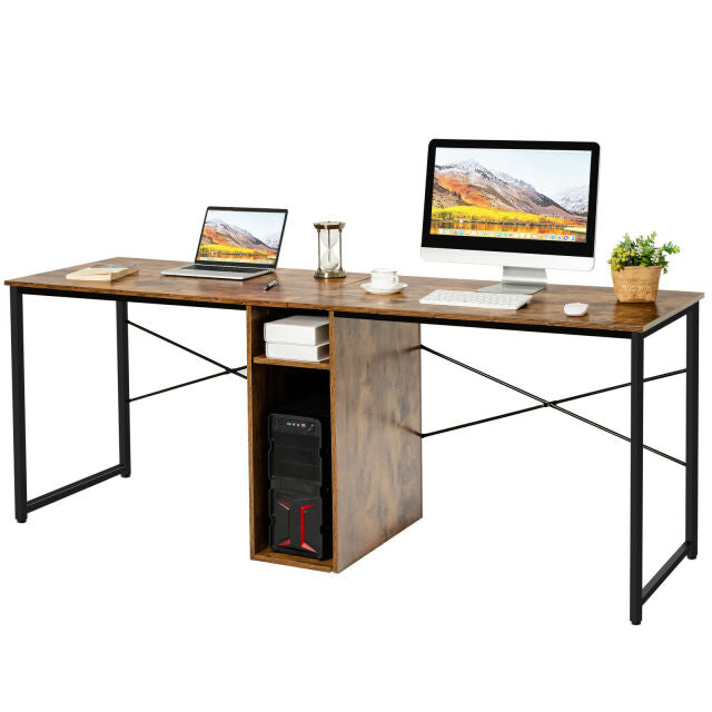 2 Person Computer Tower Desk Double Chair Slot Workstation Office Desk w/ Storage Rustic