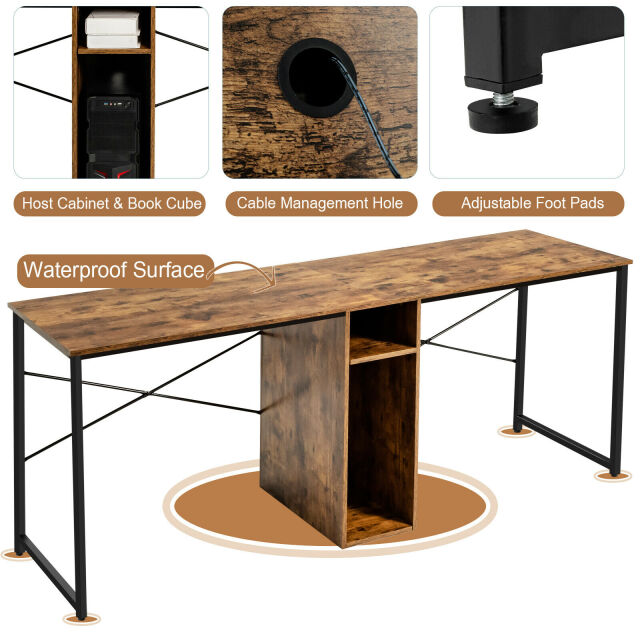 2 Person Computer Tower Desk Double Chair Slot Workstation Office Desk w/ Storage Rustic