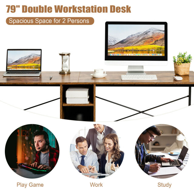 2 Person Computer Tower Desk Double Chair Slot Workstation Office Desk w/ Storage Rustic