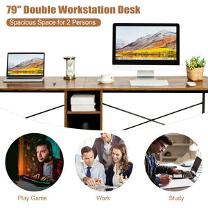 2 Person Computer Tower Desk Double Chair Slot Workstation Office Desk w/ Storage Rustic