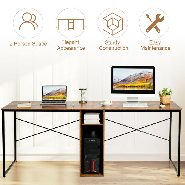 2 Person Computer Tower Desk Double Chair Slot Workstation Office Desk w/ Storage Rustic