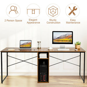 2 Person Computer Tower Desk Double Chair Slot Workstation Office Desk w/ Storage Rustic